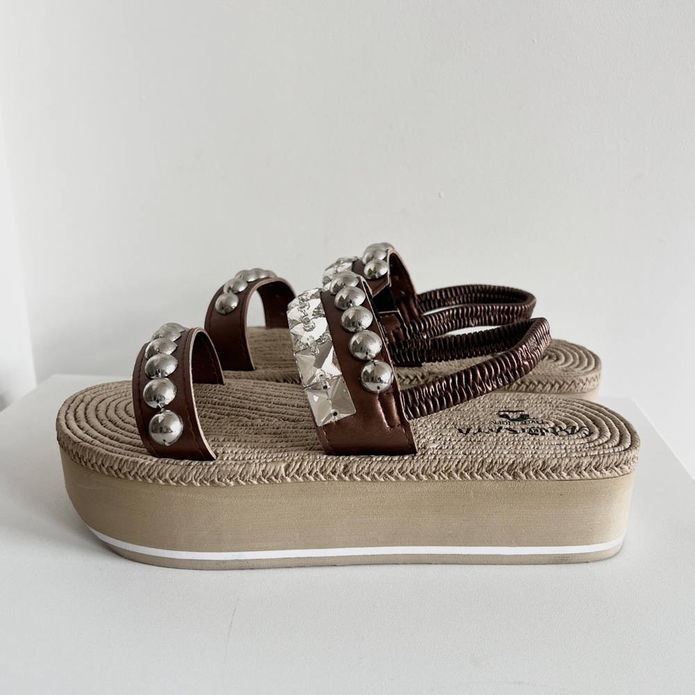 Sand By Saya bronze studded crystal espadrille platform handmade summer sandals